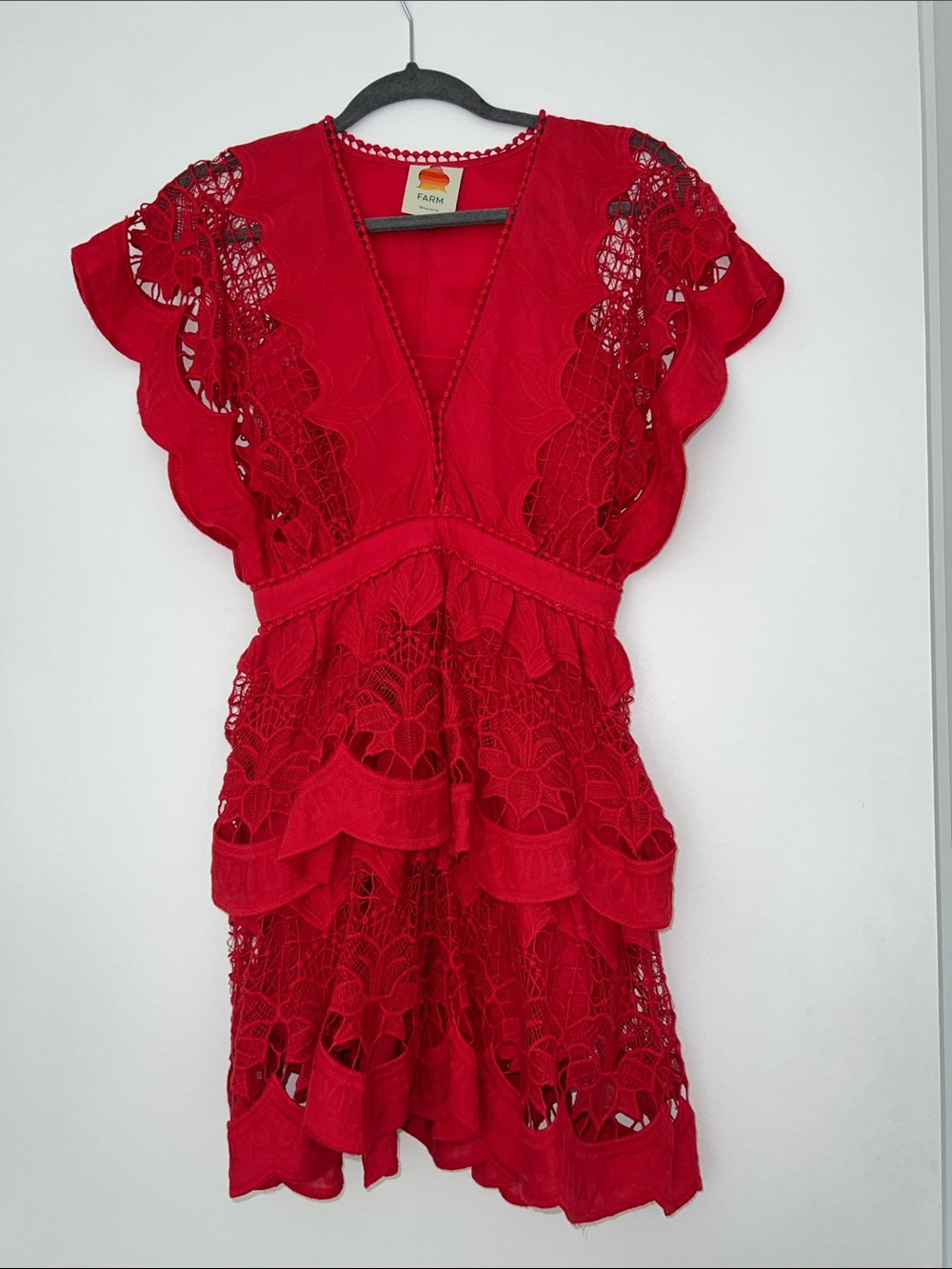 FARM Rio Red Lace Tiered Dress with Scallop Details